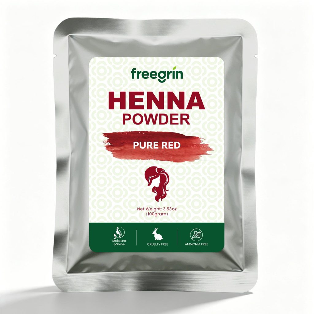 Front of a Freegrin Pure Red Henna Powder pouch labelled 100 grams