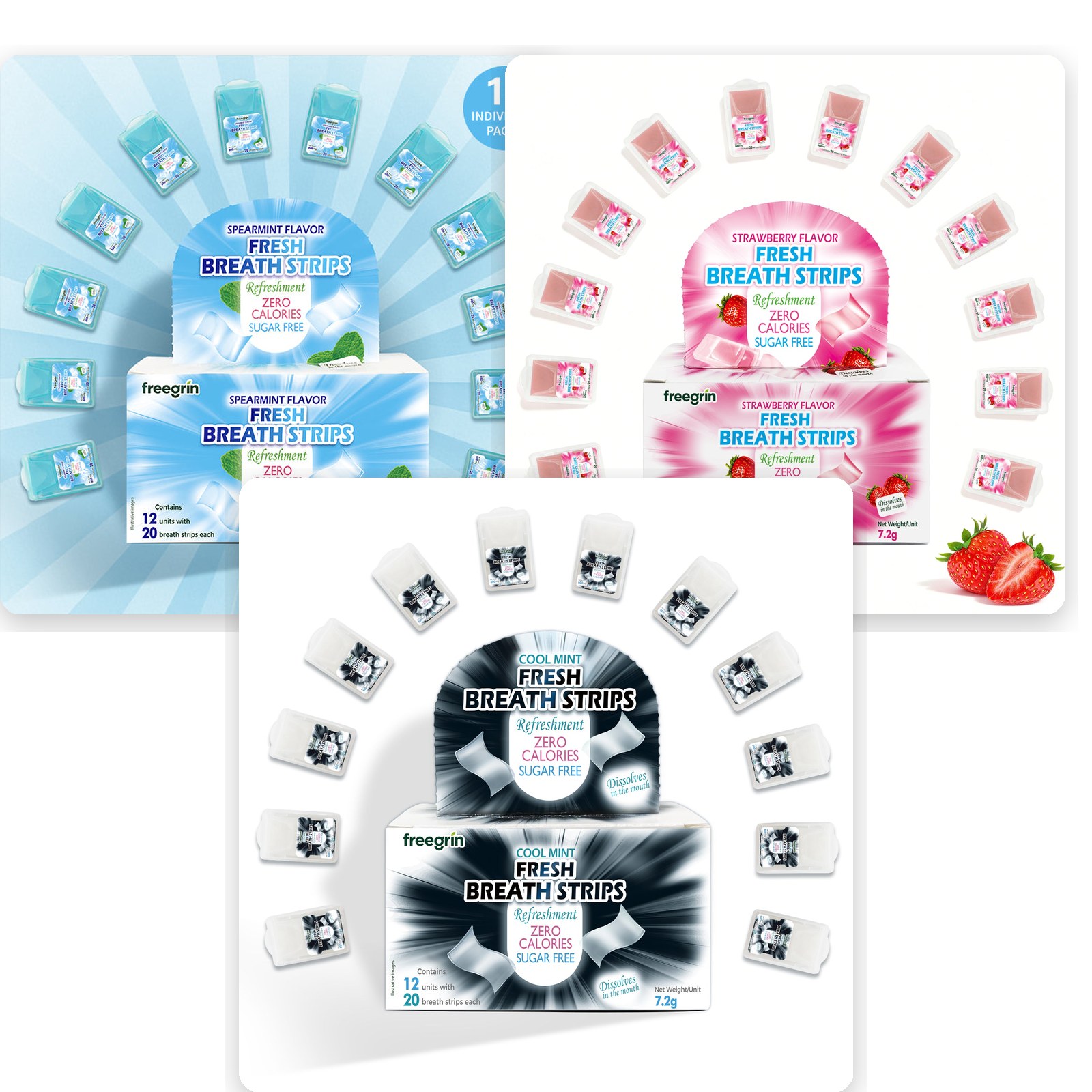 Freegrin breath strips variety 3-pack: three boxes of dissolvable mouthwash strips