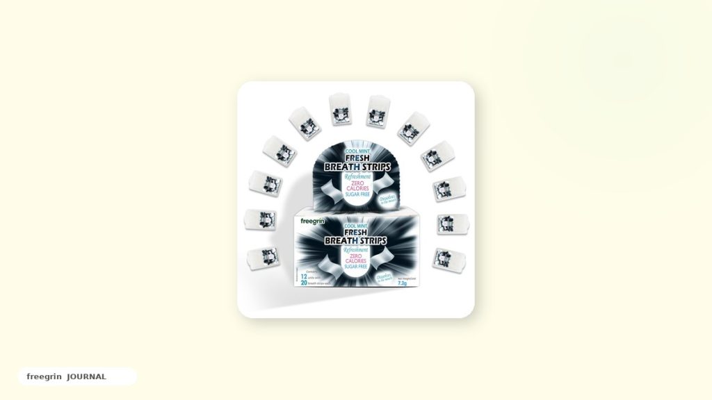 Freegrin breath strips pack on a cream background — breath strips vs mouthwash comparison