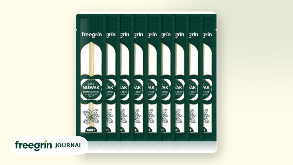 Freegrin mint miswak sticks packed for travel, a water-free natural toothbrush